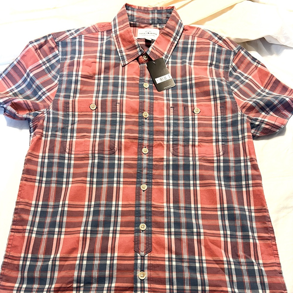 Lucky Brand Mens Button Up Plaid Shirt NWT Faded Red/Blue Shirt Sleeve